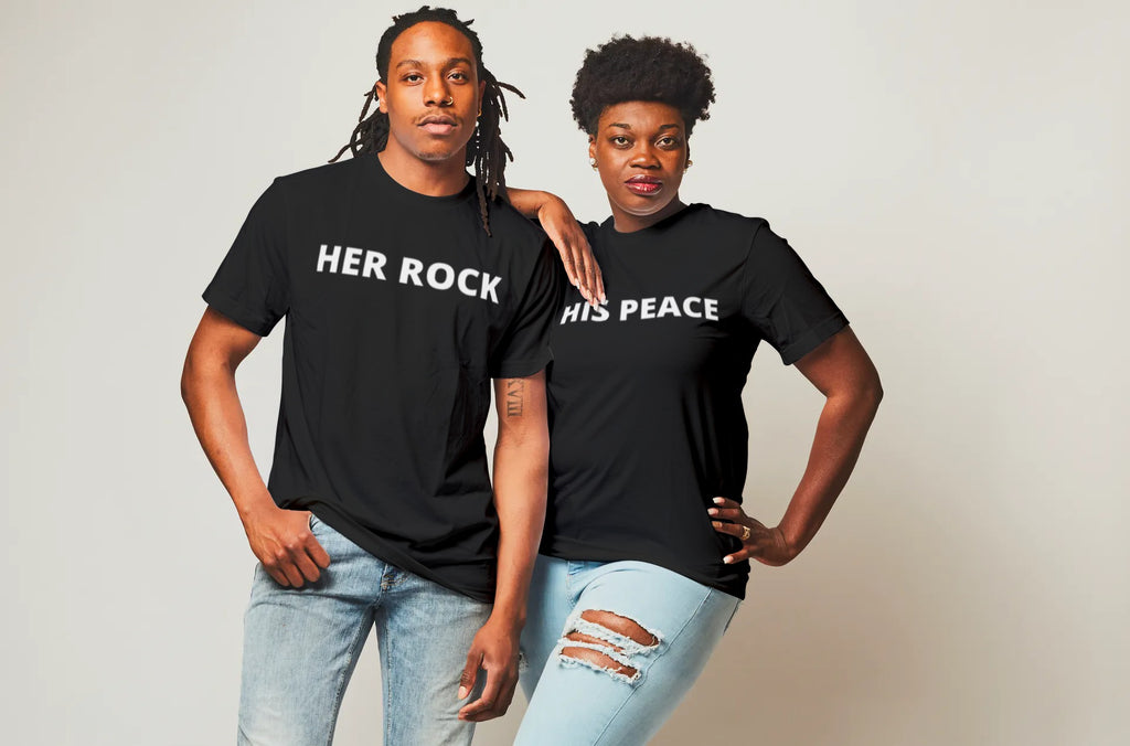 Adult Couples Tees "Her Rock His Peace" T-Shirt fit for couples